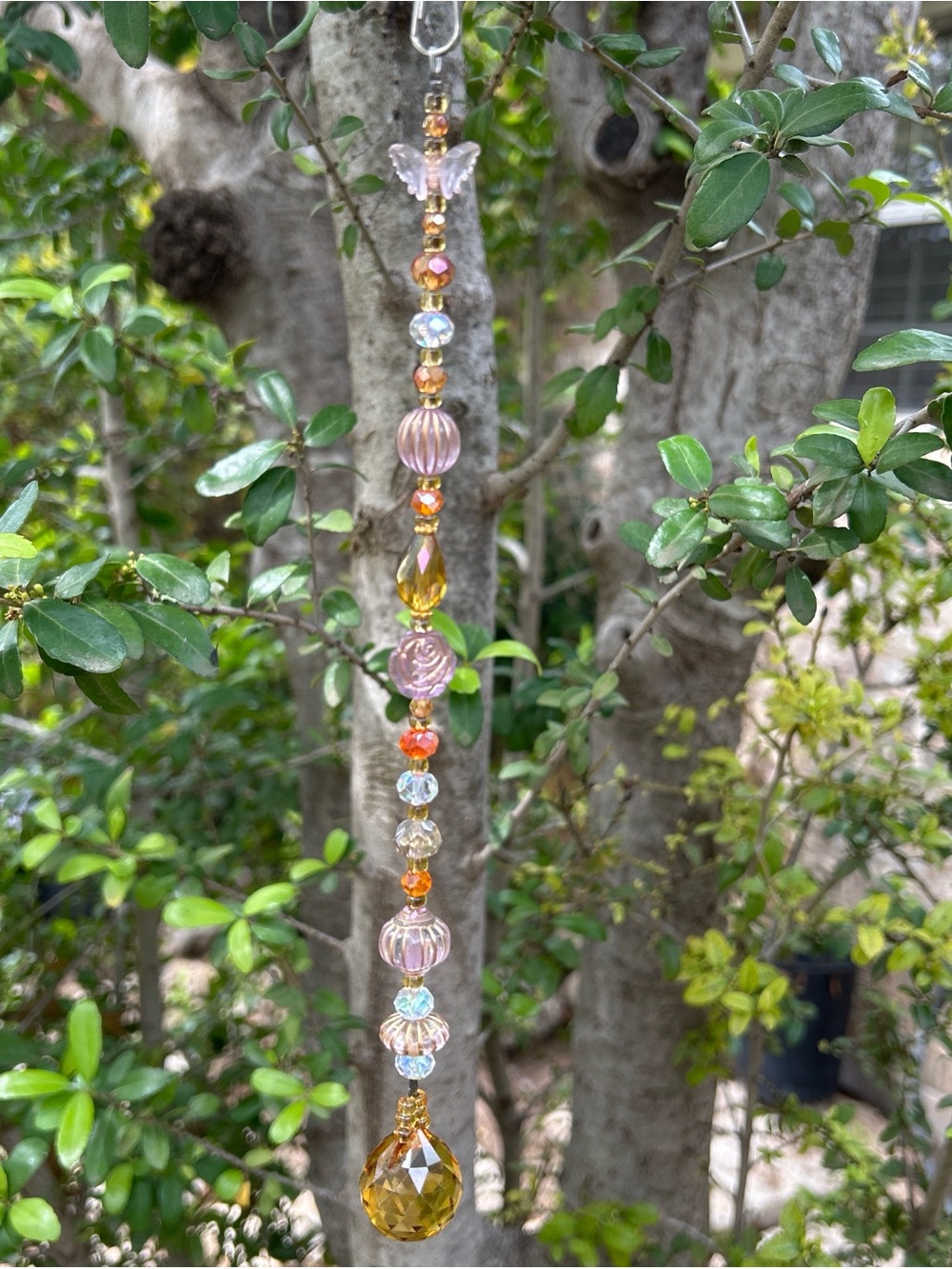 12.5” Handcrafted Pink and orange Crystal strand Sun Catcher